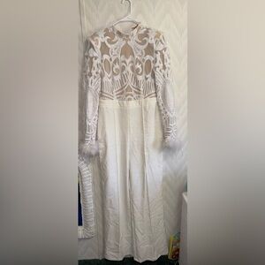 White and Silver Feather Cuff Jumpsuit